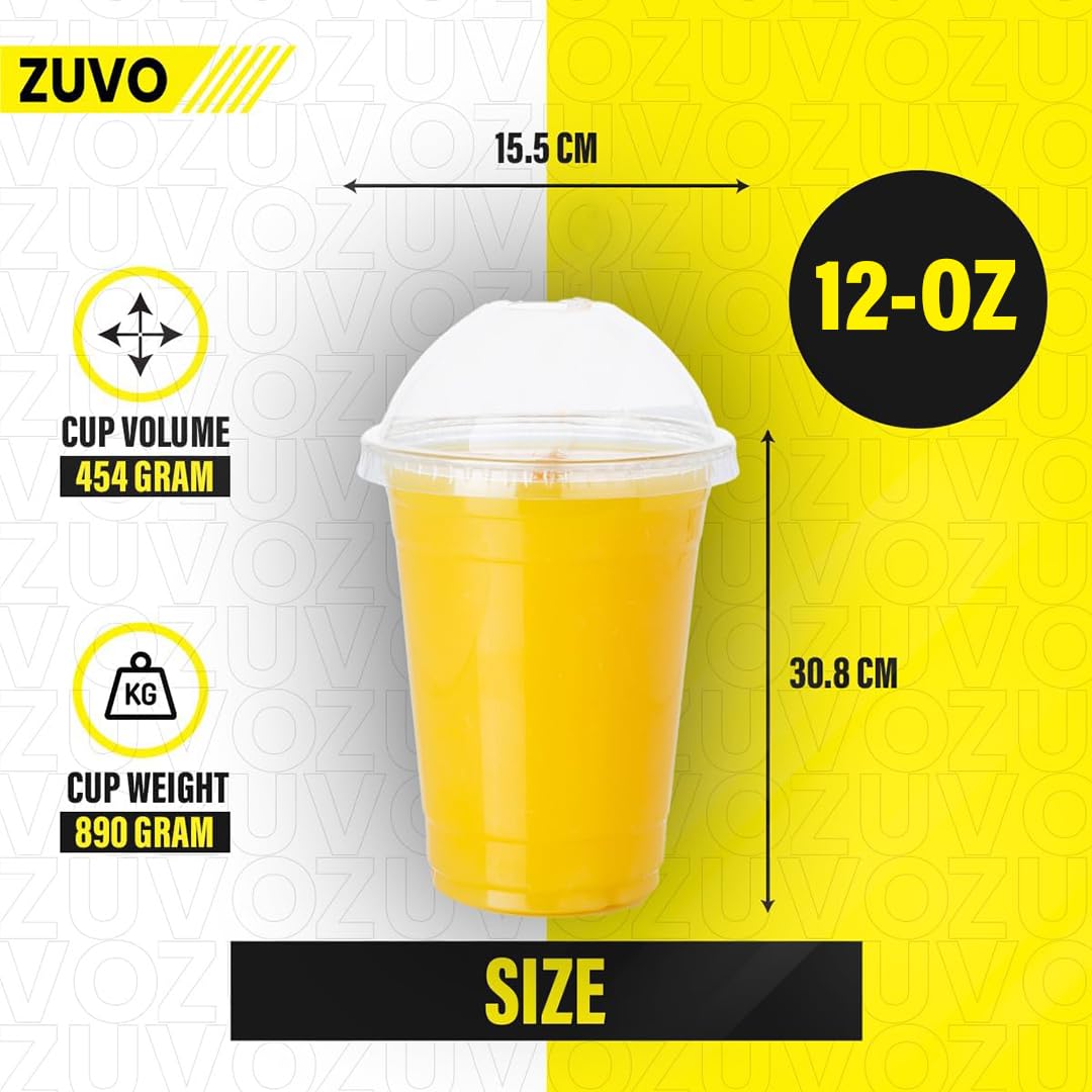 Zuvo 12oz Plastic Smoothie Cups with Dome Lids Pack of 50 Clear Strong