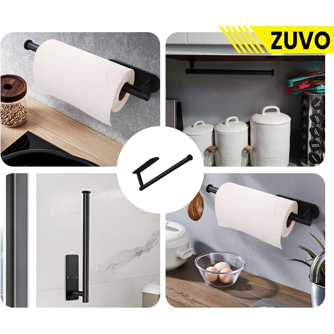 Zuvo Under Cabinet Paper Towel Holder Black – Adhesive or Screw Mount Steel