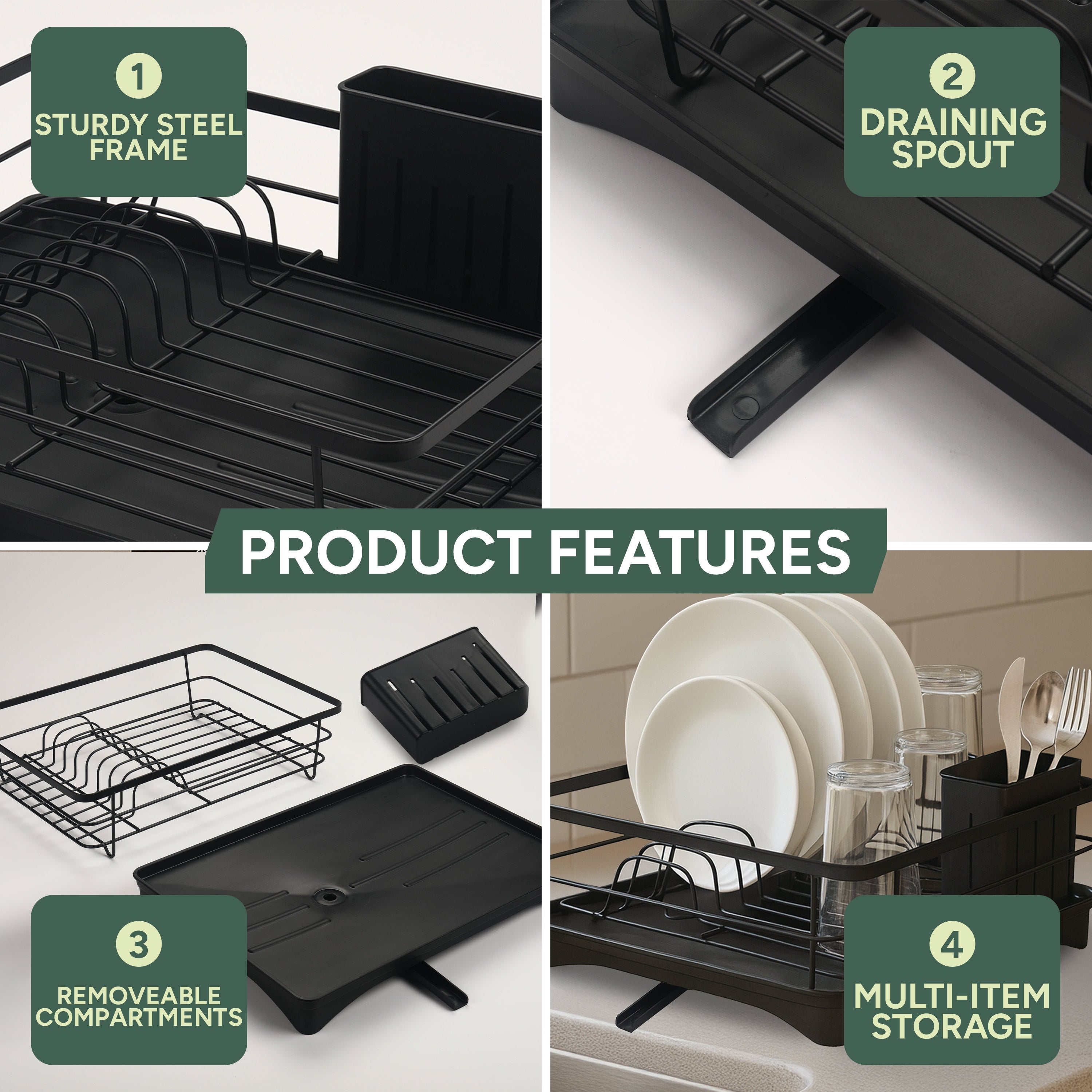 Dish Drainer Rack – Stainless Steel Dish Drying Rack with Cutlery Holder, Space-Saving Kitchen