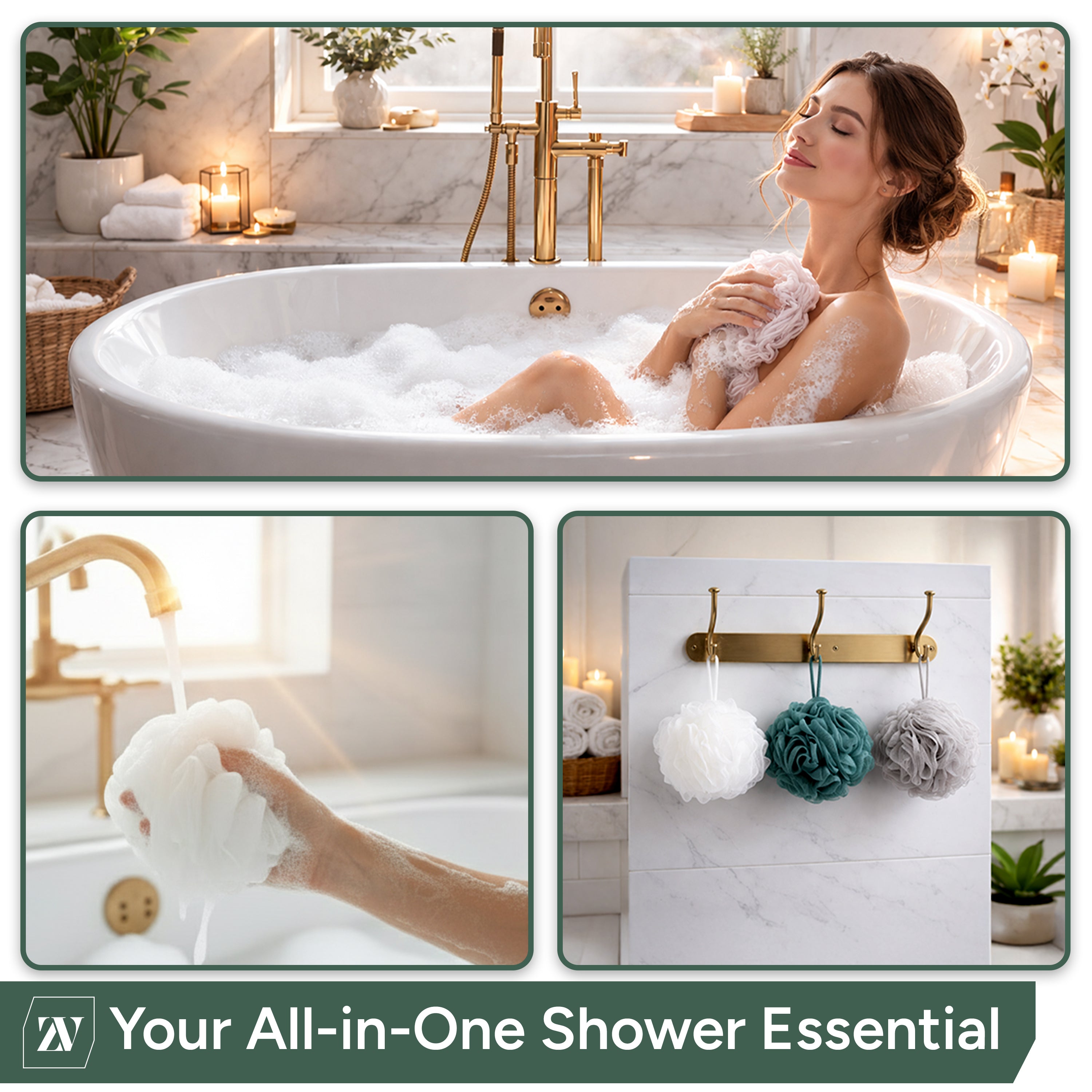 Zuvo Loofah Bath Sponge 4-Pack Soft, Durable Shower Puffs