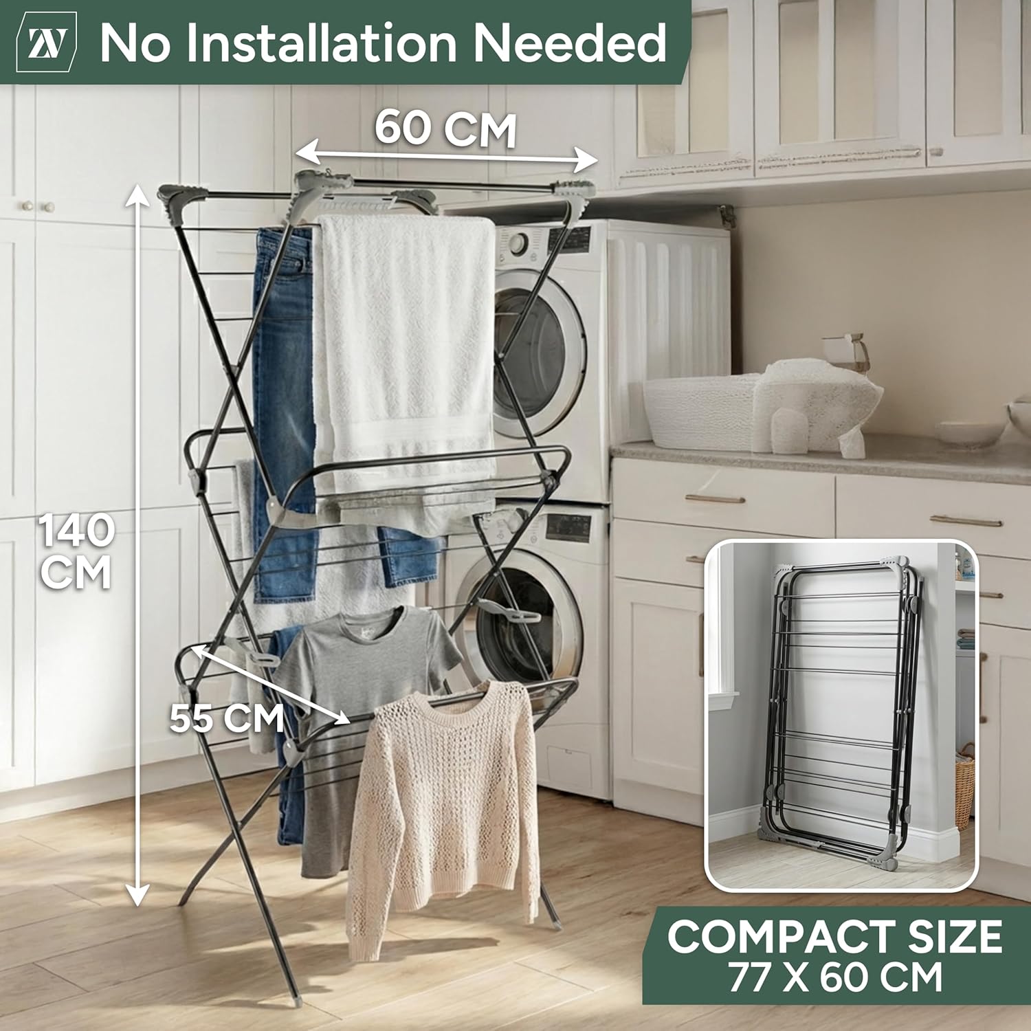 Zuvo Heavy Duty 3 Tier Clothes Airer Folding Drying Rack | Freestanding Laundry Stand for Home & Flat