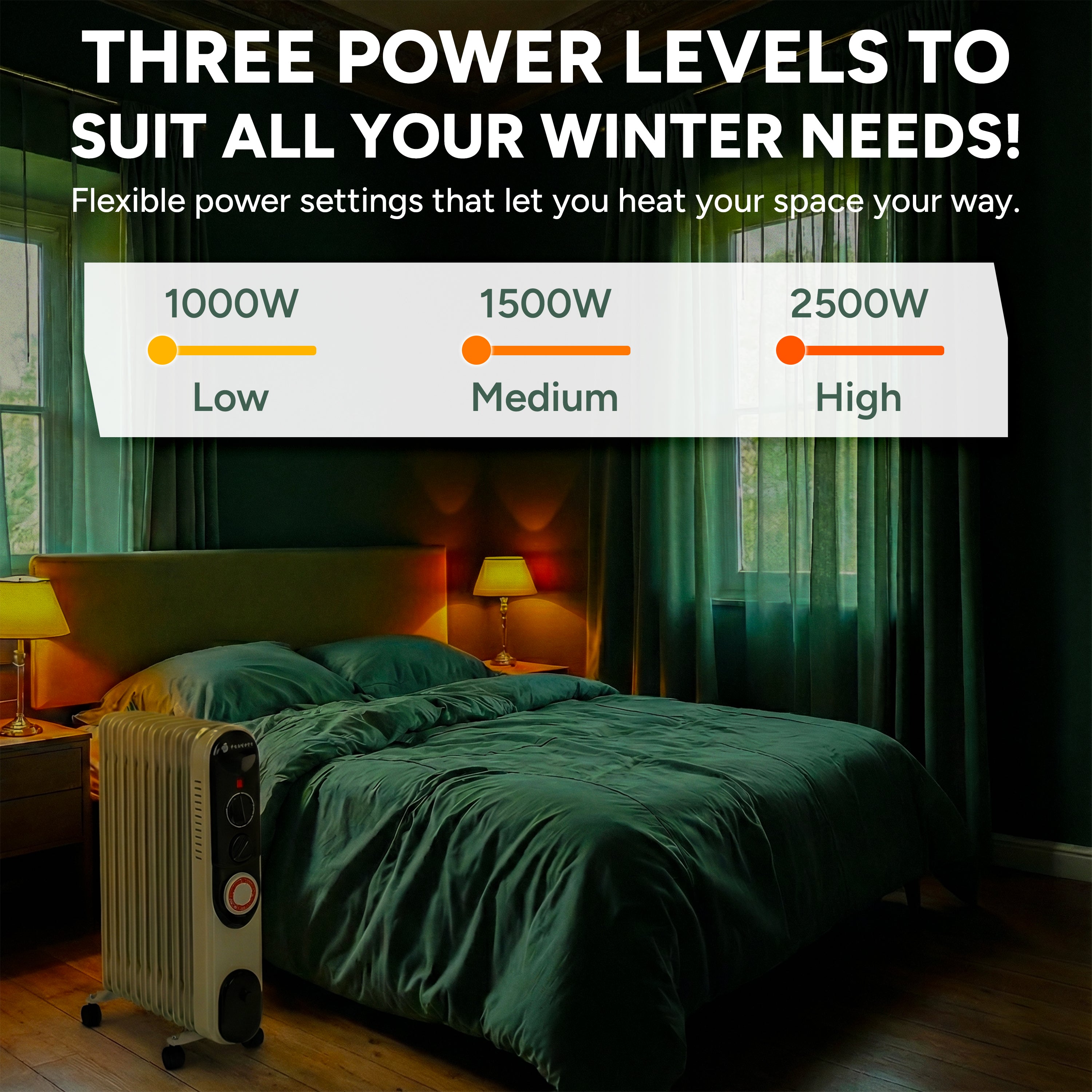 Zuvo 2500W Oil Filled Radiator Portable Heater with 11 Fins and Timer