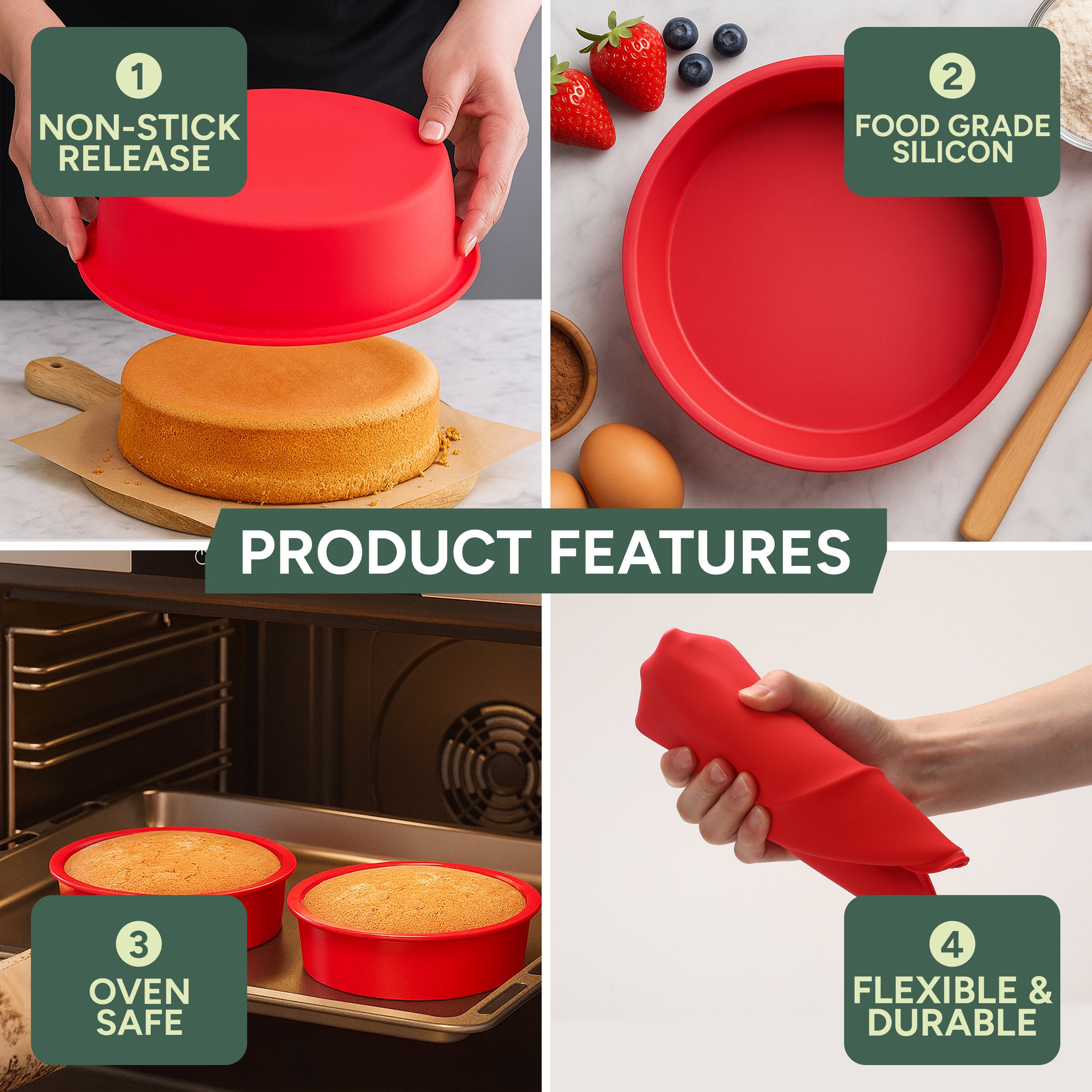 Zuvo - Silicone Cake Tins (2 Pack)– 8 Inch Round Cake Moulds for Baking, Non-Stick Pans for Layer Cakes, Cheesecake, Sponge, Bread & Desserts – Oven, Freezer & Dishwasher Safe
