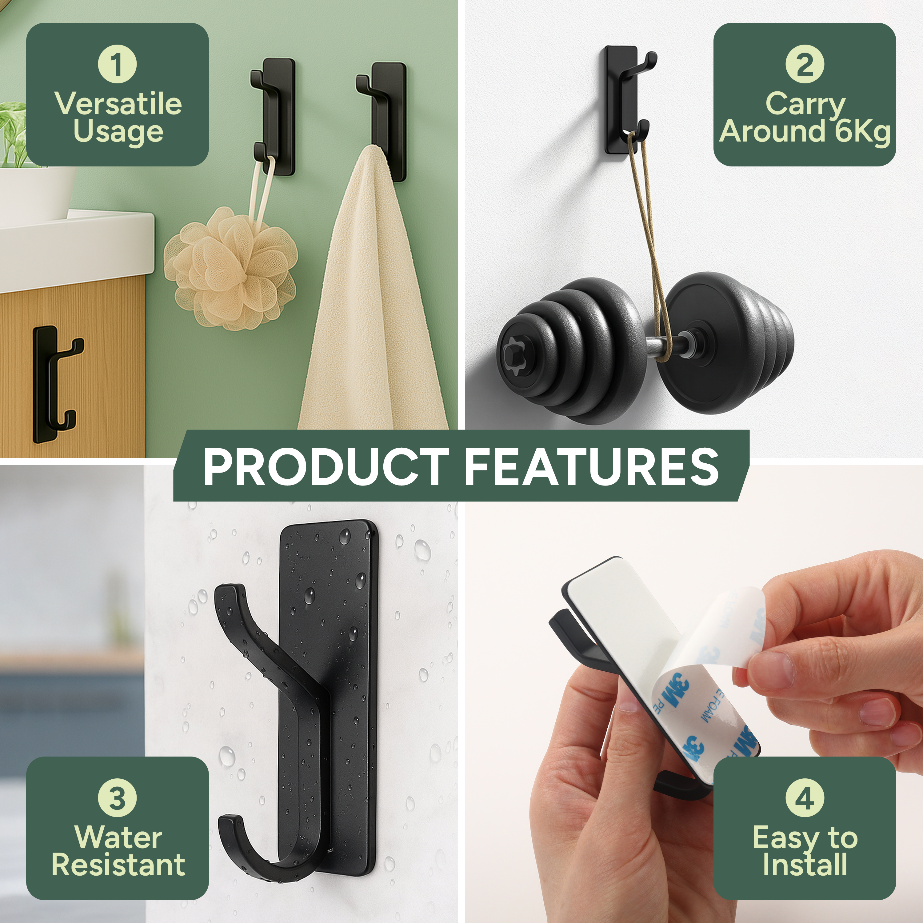Self Adhesive Hooks Black, 4 Pack – Heavy Duty Wall Hooks Hold up to 6kg – Waterproof No Drill Sticky Hooks