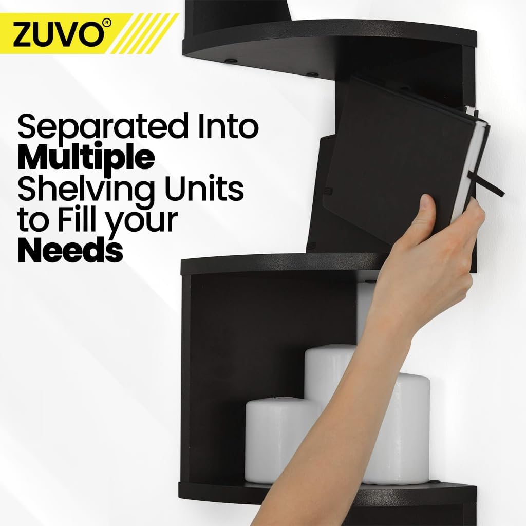 Zuvo Floating Corner Shelves - 5 Tier - Black Corner Shelf for Books, Living Room, Study, Kitchen, Bedroom - Beautiful Zigzag Design Shelves 20D x 20W x 127.5H