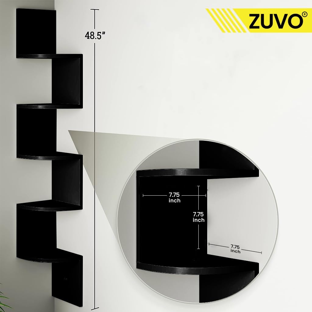 Zuvo Floating Corner Shelves - 5 Tier - Black Corner Shelf for Books, Living Room, Study, Kitchen, Bedroom - Beautiful Zigzag Design Shelves 20D x 20W x 127.5H