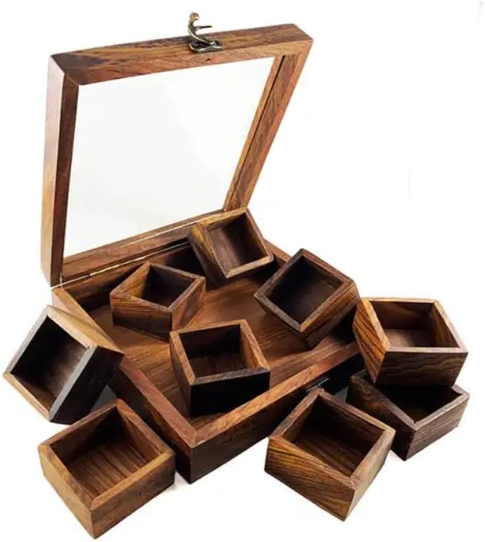 Wooden Spice Rack Box with Lid – 9 Compartment Masala Dabba 8x8 Inch
