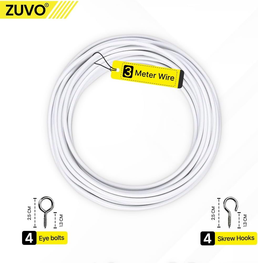 Zuvo Net Curtain Wire with Hooks and Eyes - 3 m Extra Strong Curtain Wire with 4 Hooks and Eyes - Perfect Curtain Wire Kit, White