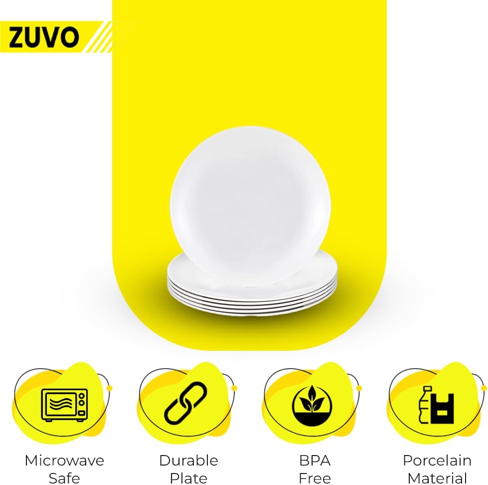 Zuvo White Porcelain Dinner Plates Set of 6 – 6 Inch Microwave Safe Coupe