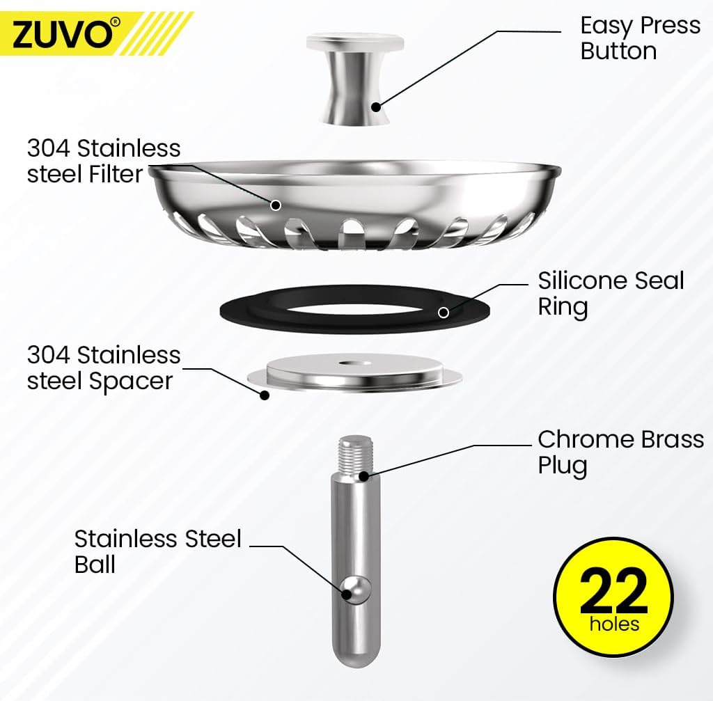 Sink Plug Replacement - 78 MM Kitchen Sink Strainer to Block Waste - Made with 304 Stainless Steel & Rust Free Sink Plug by Zuvo, Silver