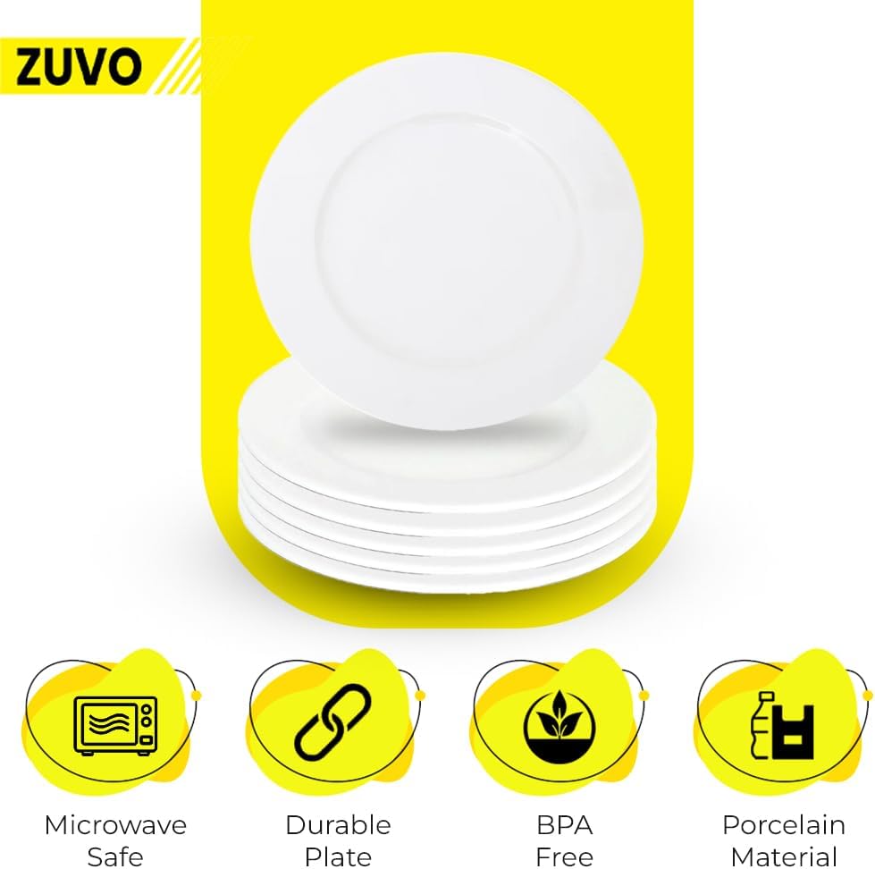 Zuvo White Porcelain Dinner Plates Set of 6 – 10.5 Inch Microwave Safe Rim