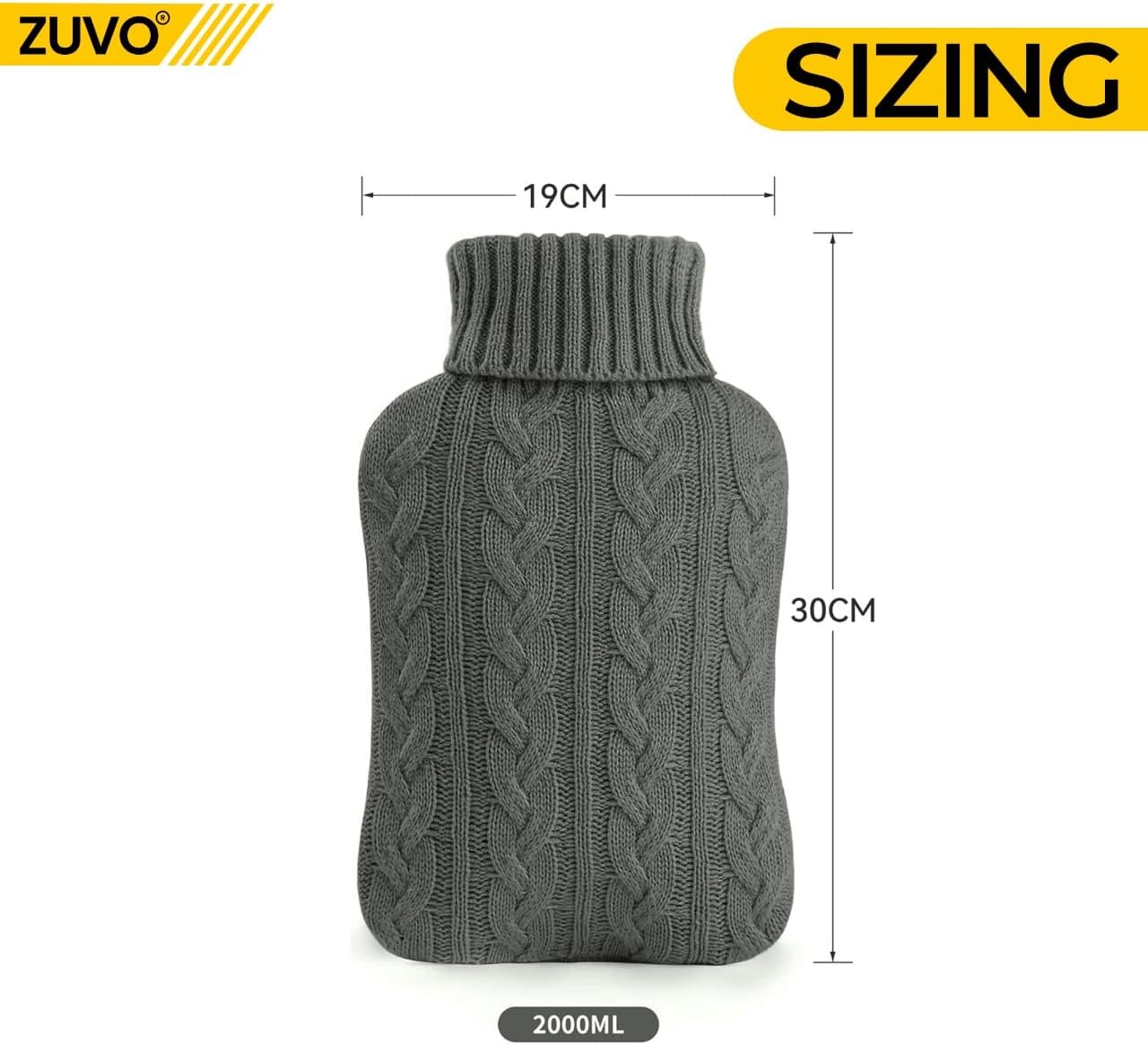 Zuvo 2L Hot Water Bottle with Grey Soft Knitted Cover Leakproof BPA Free