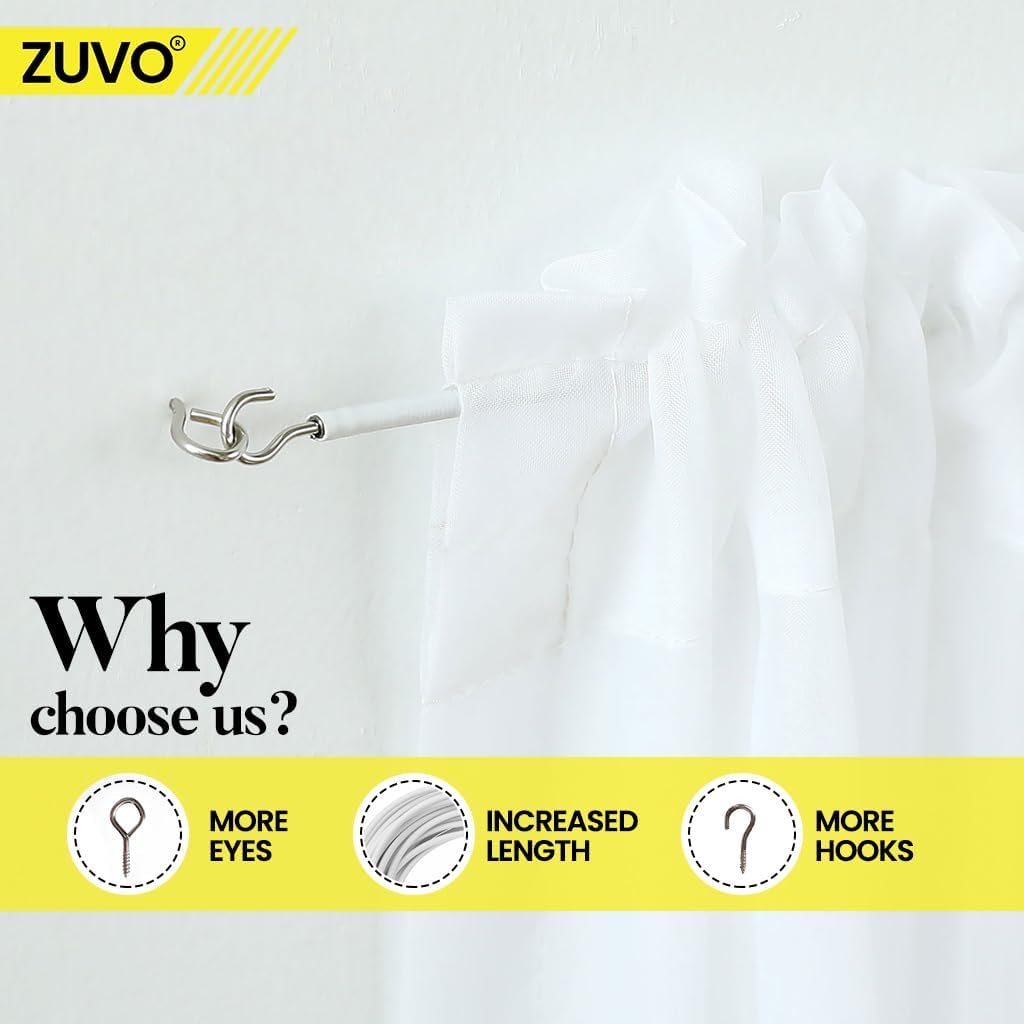 Zuvo Net Curtain Wire with Hooks and Eyes - 3 m Extra Strong Curtain Wire with 4 Hooks and Eyes - Perfect Curtain Wire Kit, White