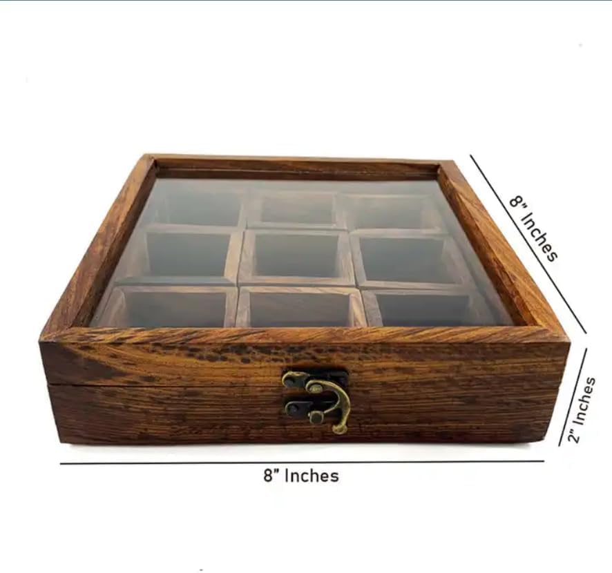 Wooden Spice Rack Box with Lid – 9 Compartment Masala Dabba 8x8 Inch