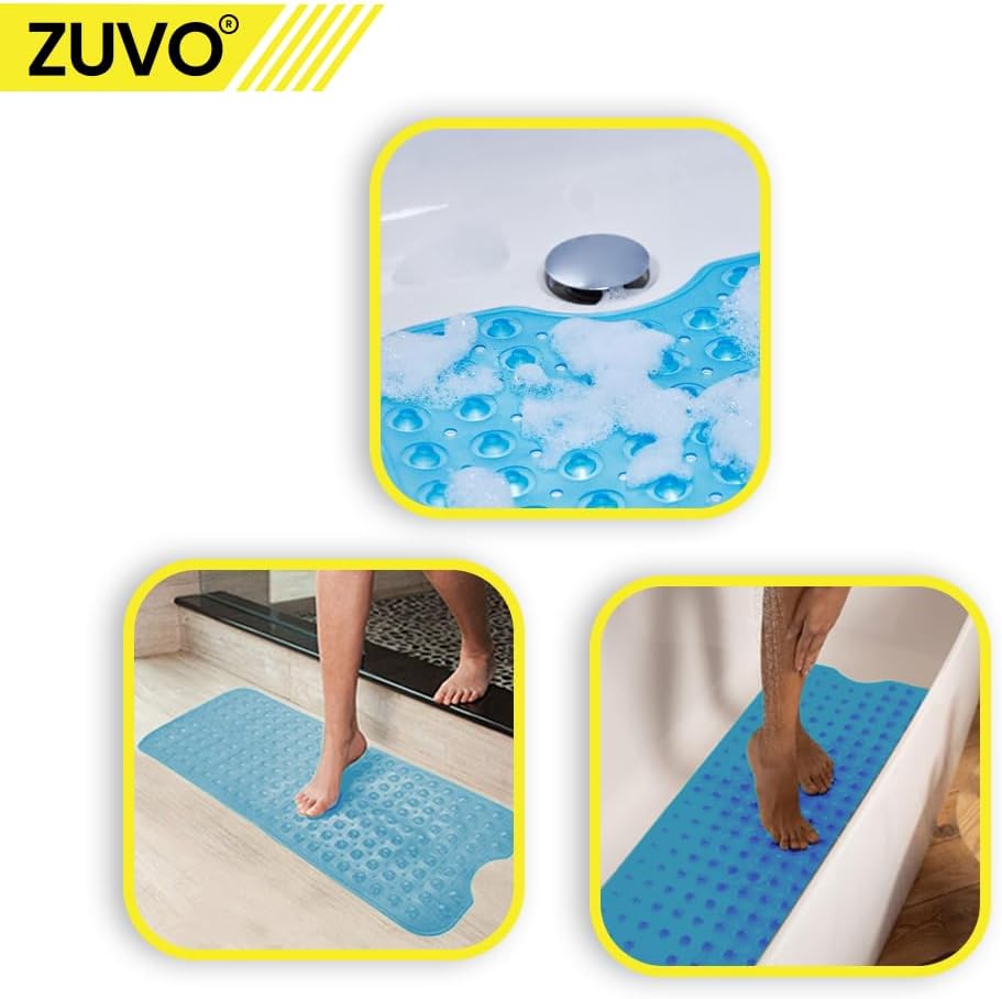 Bath Mat Non Slip with Anti Mold & Powerful Suction Quality - Extra Long 100 x 40 CM - Blue Machine Washable Non Slip Bath Mat for Inside Bath - Ideal for Elderly & Children's Bath Tubs - Zuvo