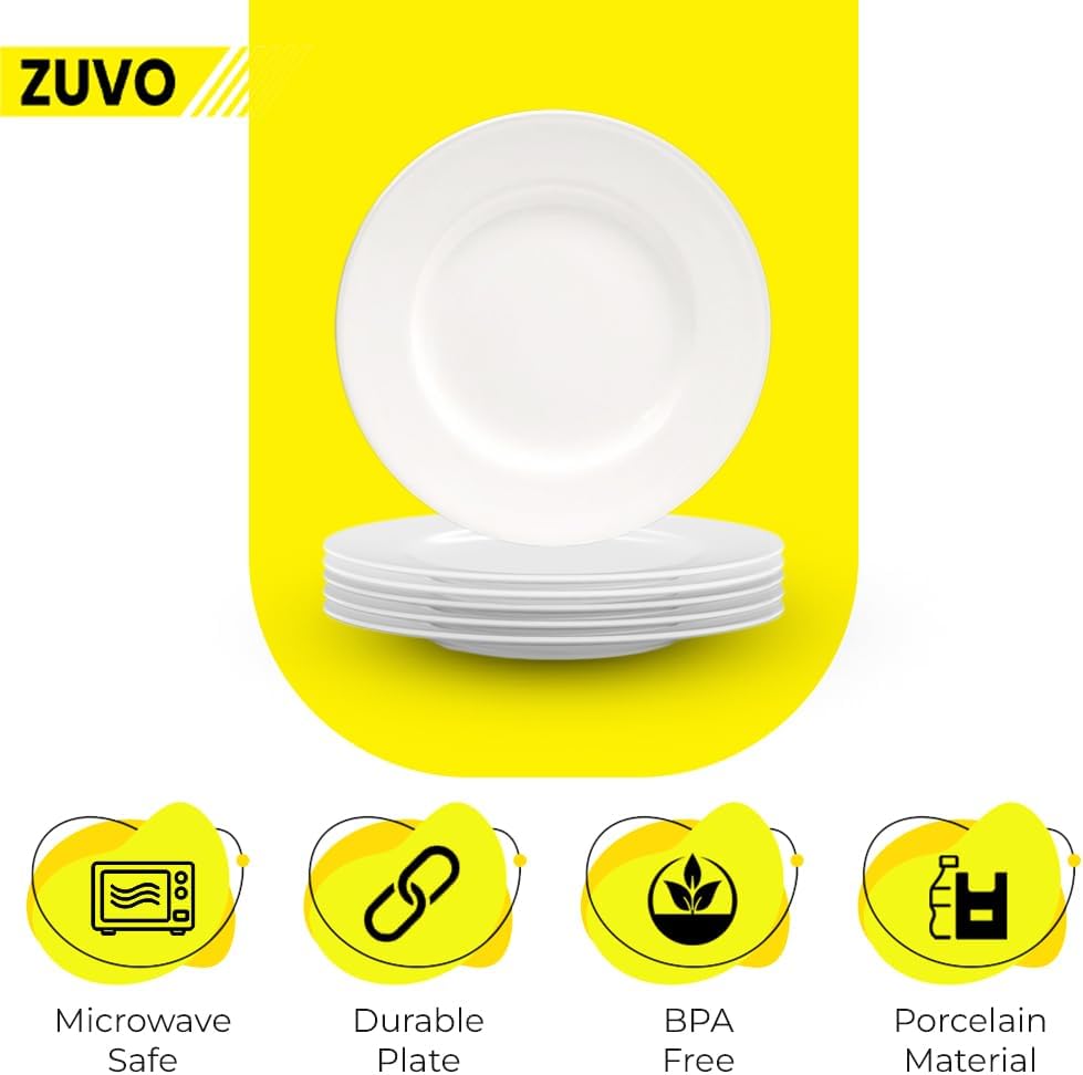 Zuvo White Ceramic Dinner Plates Set of 6 – 6 Inch Microwave Safe Rim Shape