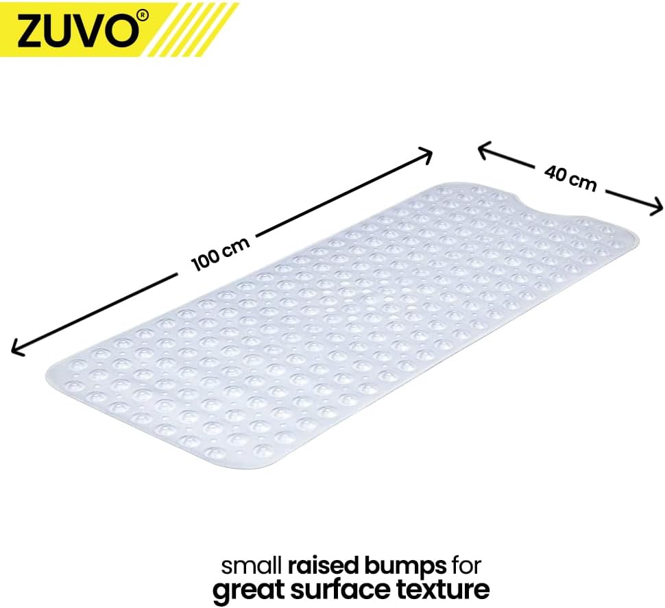 Zuvo Extra Long Non-Slip Bath Mat 100x40cm – Clear, Anti-Mould
