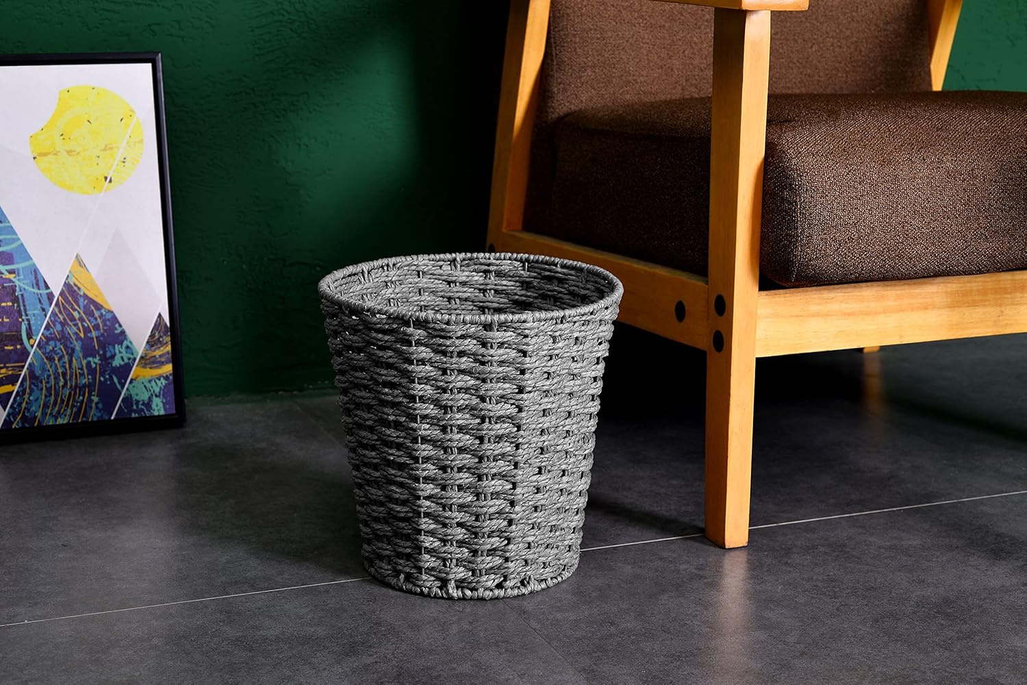 Zuvo Round Wicker Waste Paper Bin Rubbish Basket, Grey
