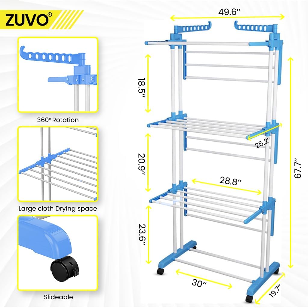 Zuvo 4 Tier Blue Foldable Airer Heavy Duty Stainless Steel Drying Rack