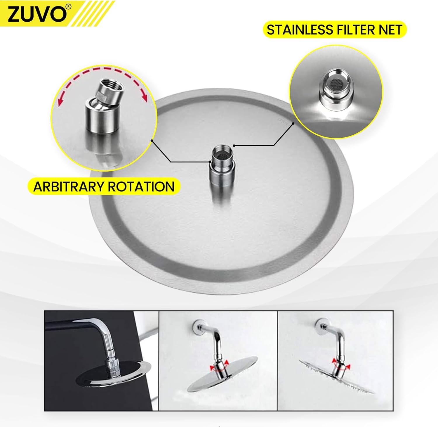 Zuvo 10 Inch Round Rainfall Shower Head 304 Stainless Steel High Pressure