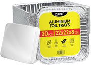 Zuvo 20 Pack Deep Aluminium Foil Trays with Paper Lids 22x22x8cm