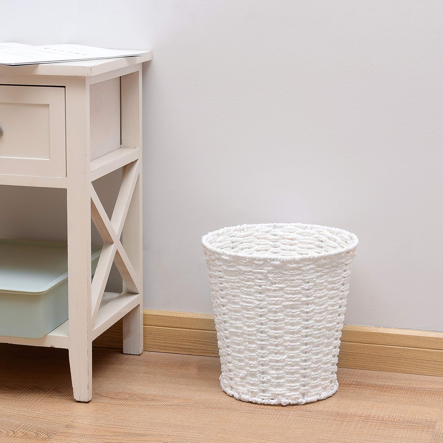 Zuvo Round Wicker Waste Paper Bin White Rubbish Basket