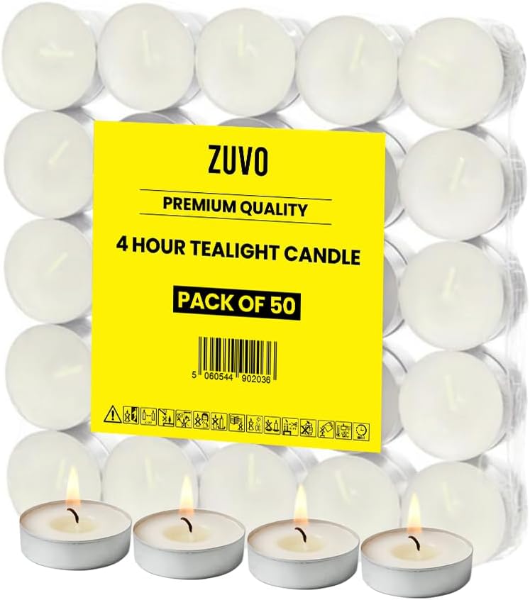 Zuvo Tea Light Candles 4 Hour Burn 50 Pack Unscented Smokeless Tealights