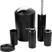 Bathroom Accessories Set 6 Piece – Black Bin, Brush, Dispenser & Holders