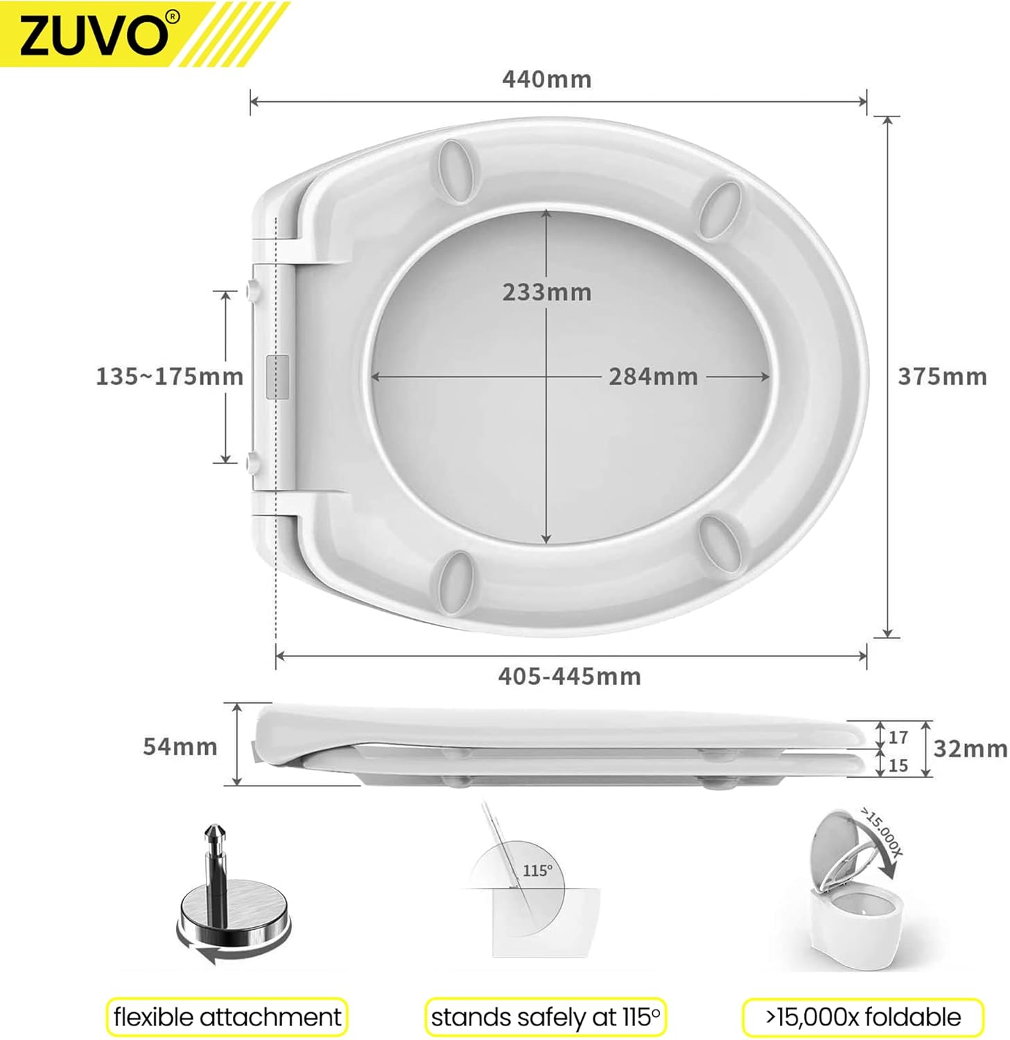 Zuvo Soft-Close O-Shape Toilet Seat Quick Release, White