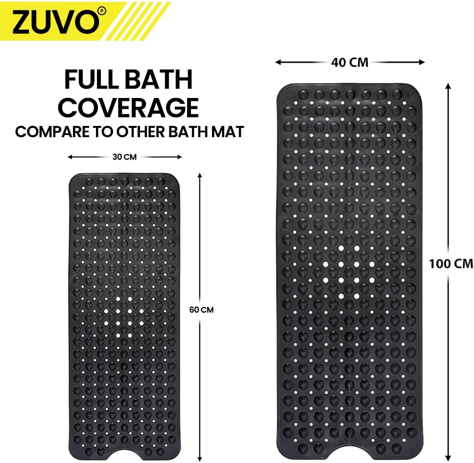 Zuvo Extra Long Non-Slip Bath Mat 100x40cm, Black
