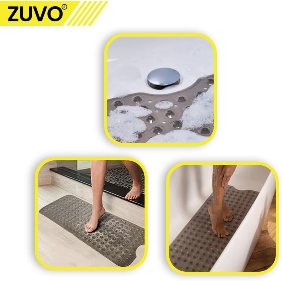 Zuvo Extra Long Non-Slip Bath Mat 100x40cm, Grey
