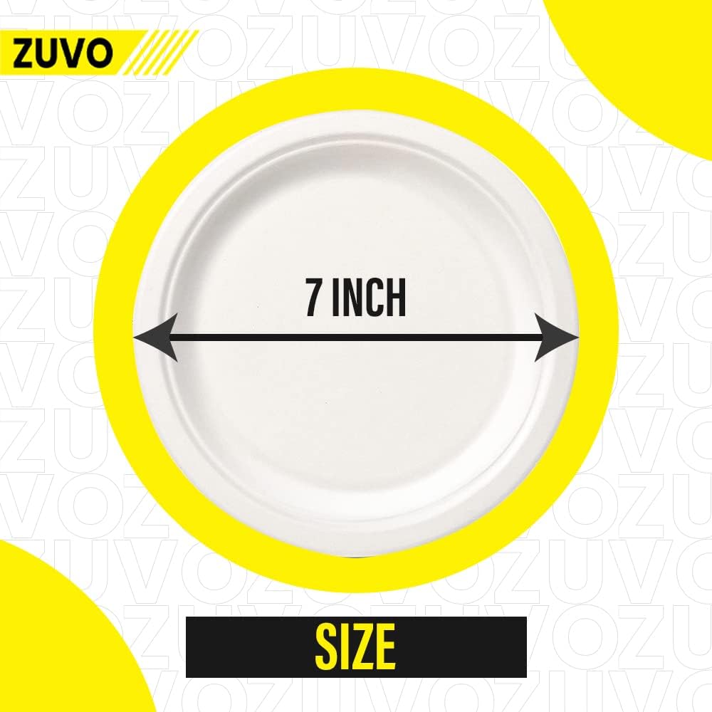 Zuvo 7 Inch Compostable Paper Plates 50 Pack – Eco Friendly Bagasse White