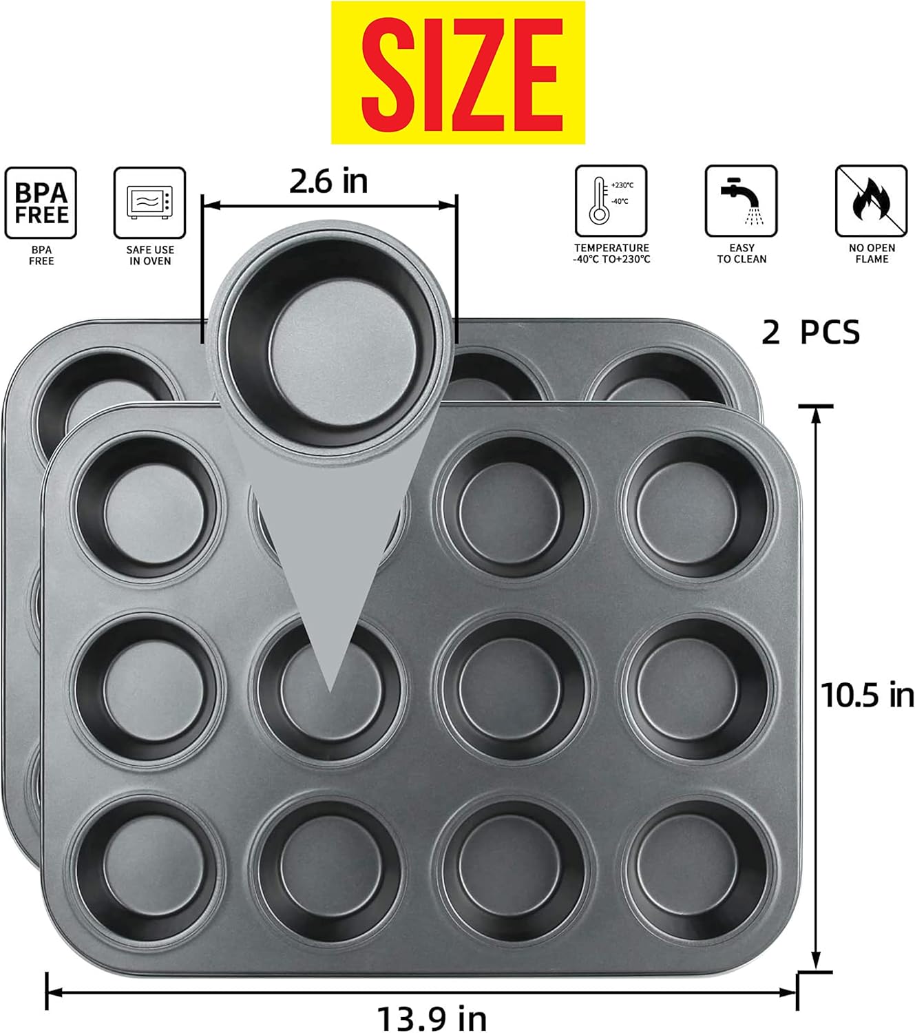 Zuvo Non Stick 12 Cup Muffin Tray Black BPA Free Dishwasher Safe