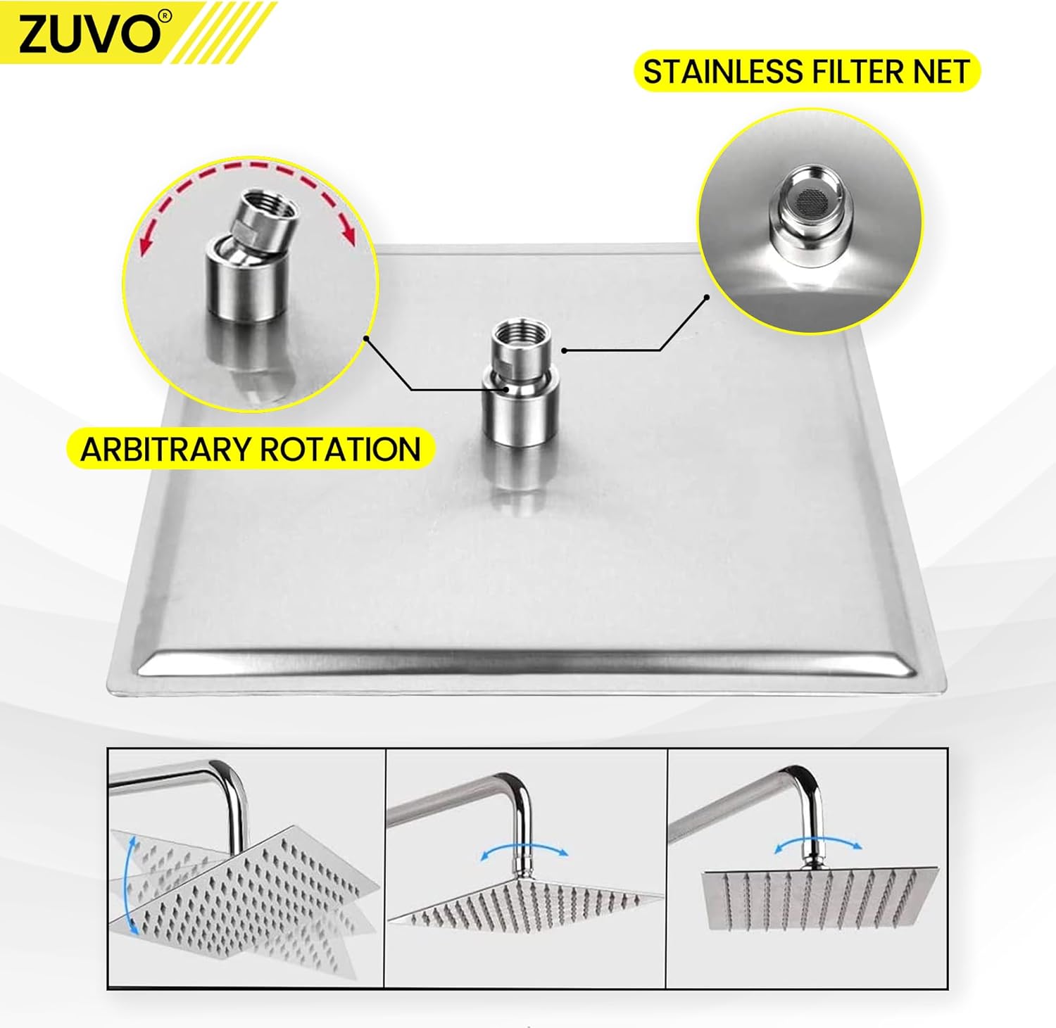 Zuvo 10 Inch Square Rainfall Shower Head 304 Stainless Steel High Pressure