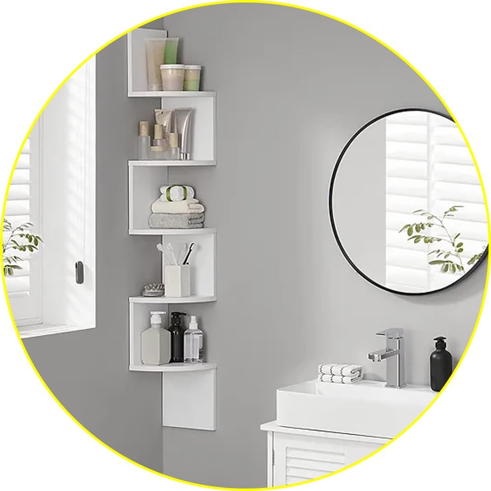 Zuvo Floating Corner Shelves 5 Tier White Zigzag Wall Mounted Bookshelf