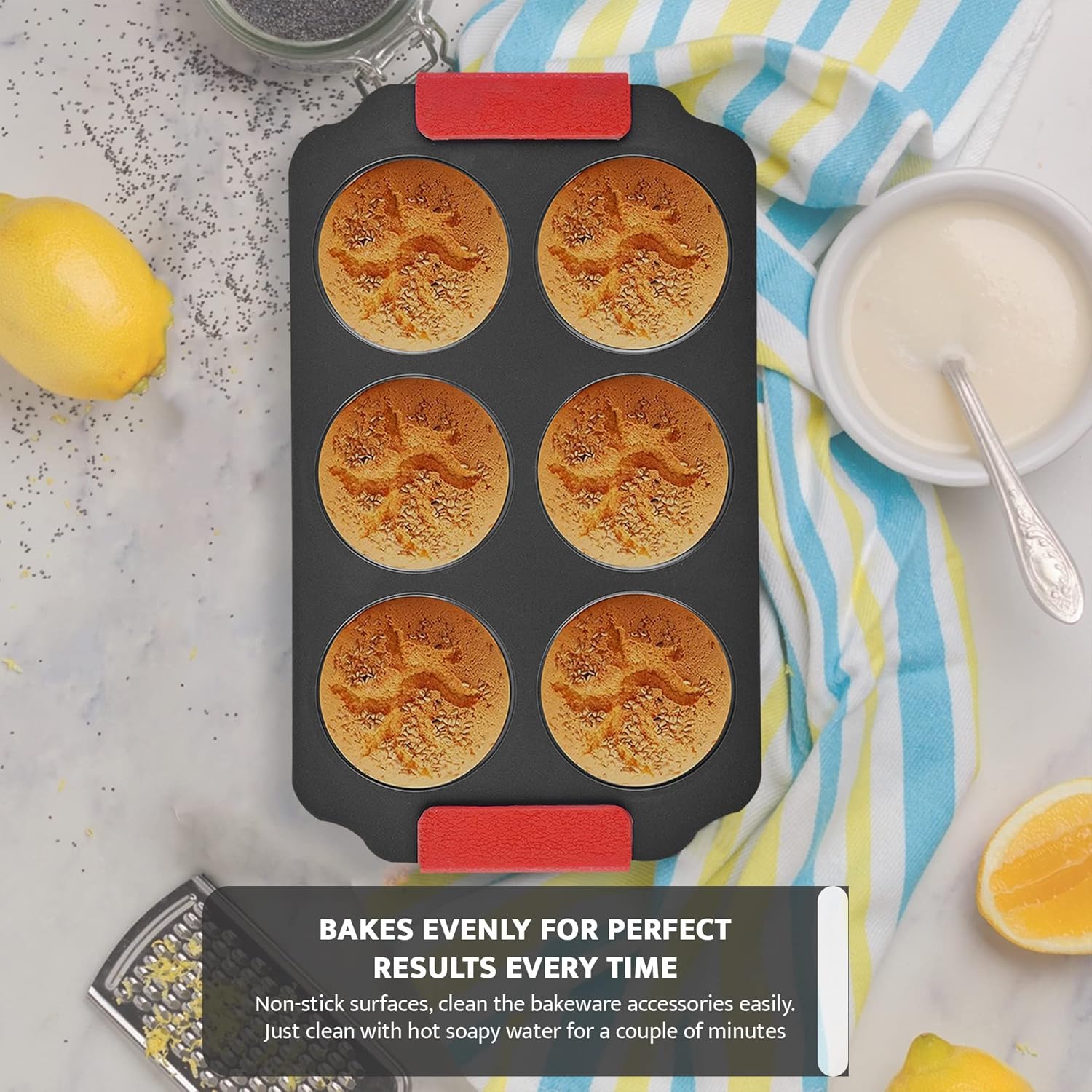 Zuvo Non-Stick 6 Cup Muffin Tray Silicone Handles Dishwasher Safe Bakeware