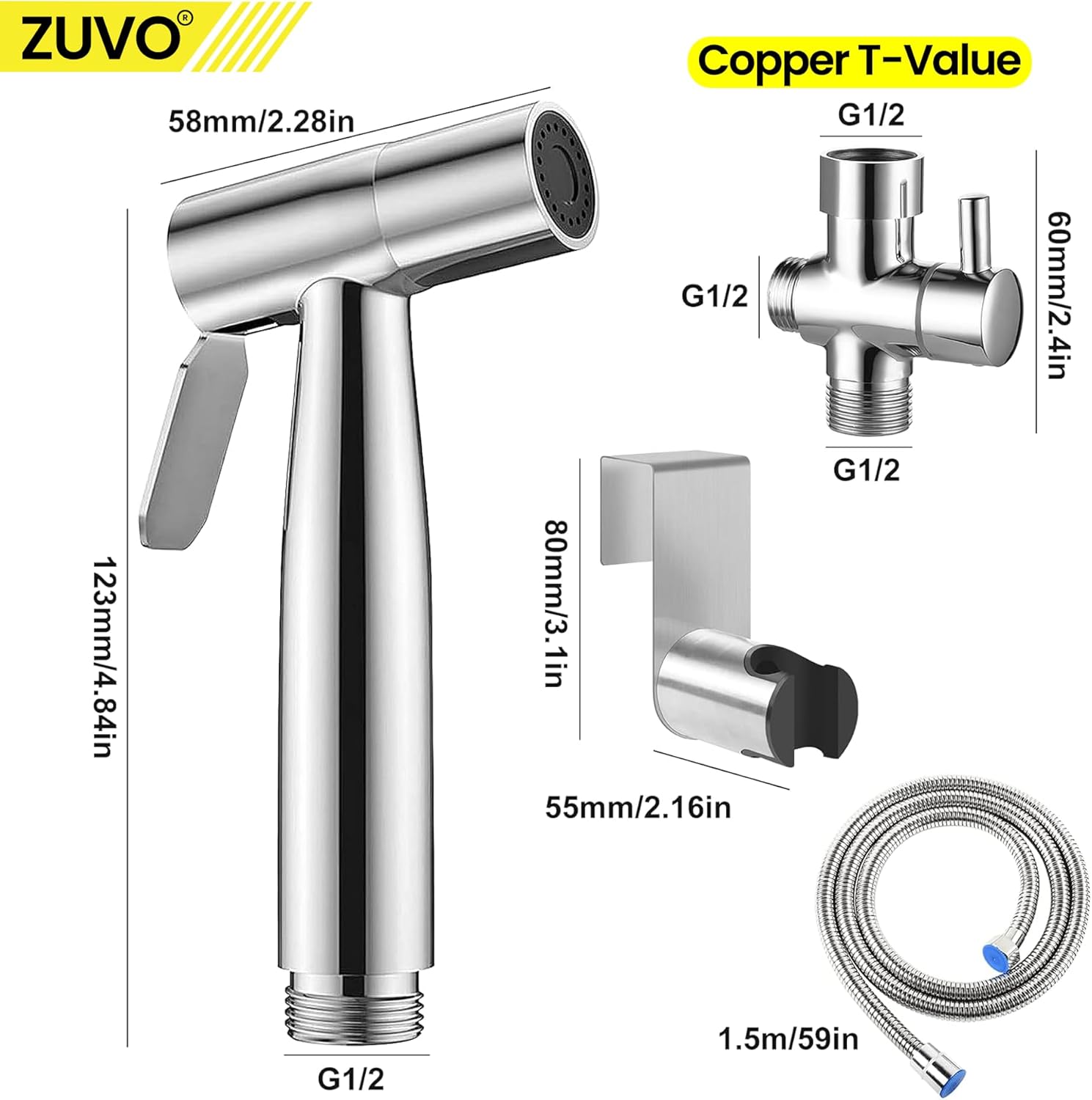Zuvo 304 Stainless Steel Handheld Bidet Sprayer 1.5M Hose