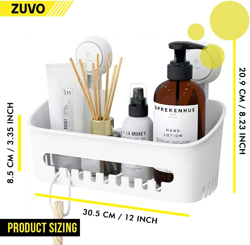 Zuvo No-Drill Shower Caddy – Suction Cup Bathroom Shelf, White