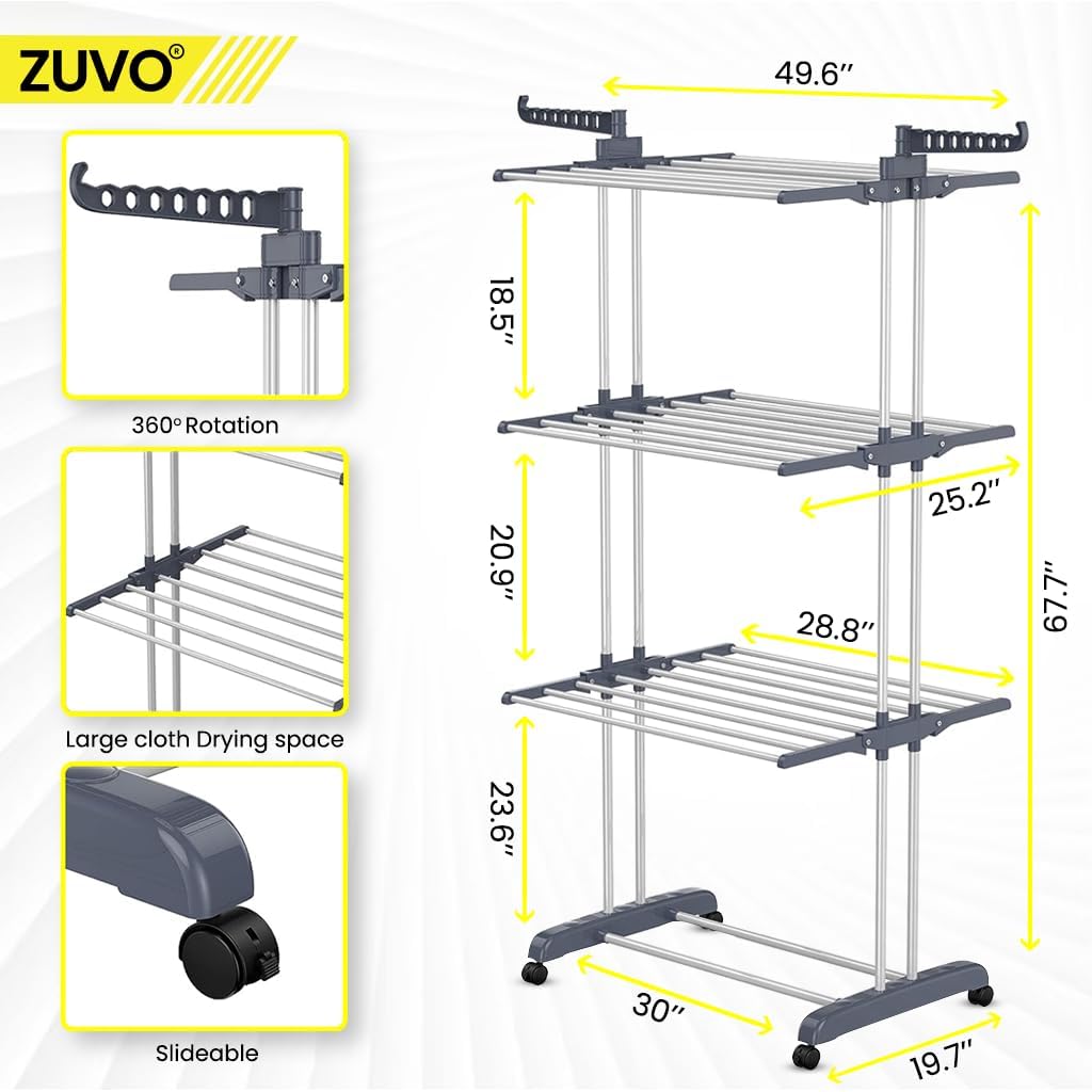 Zuvo 4 Tier Grey Foldable Airer Heavy Duty Stainless Steel Drying Rack