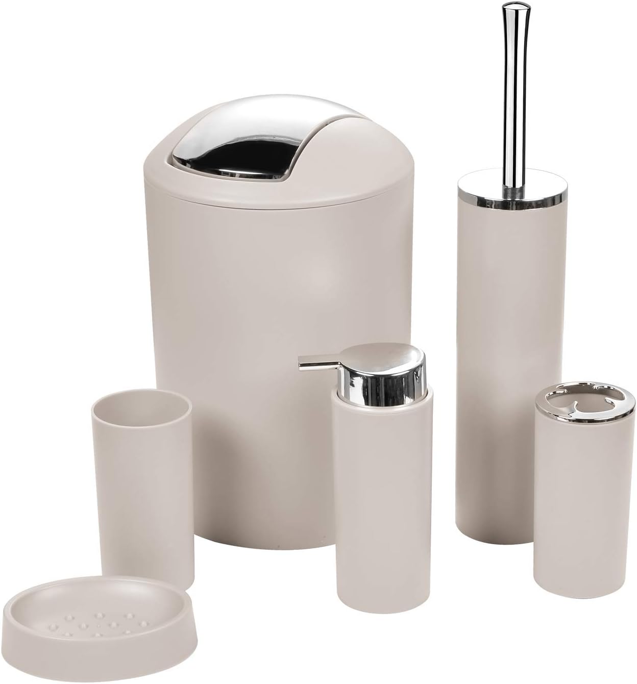 Bathroom Accessories Set 6 Piece Beige Bin, Brush, Dispenser & Holders