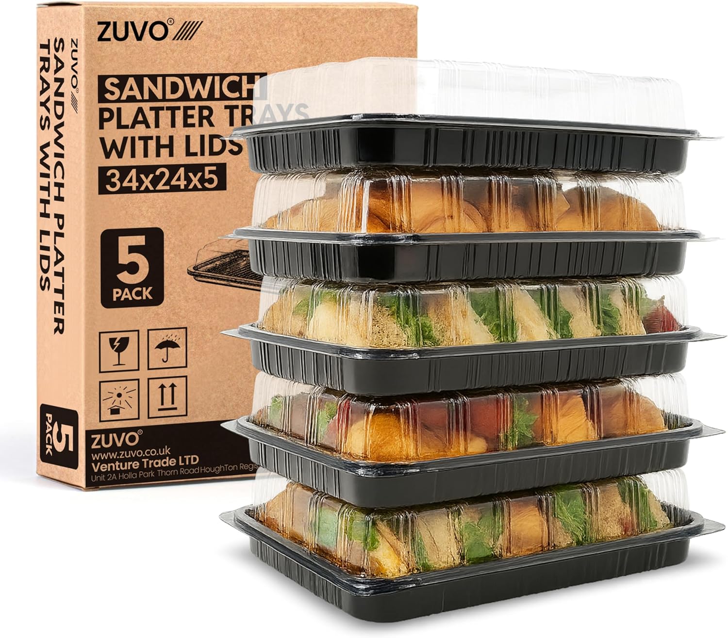 Zuvo Reusable Party Food & Sandwich Platters 5 Pack – Trays with Lids 34x24cm