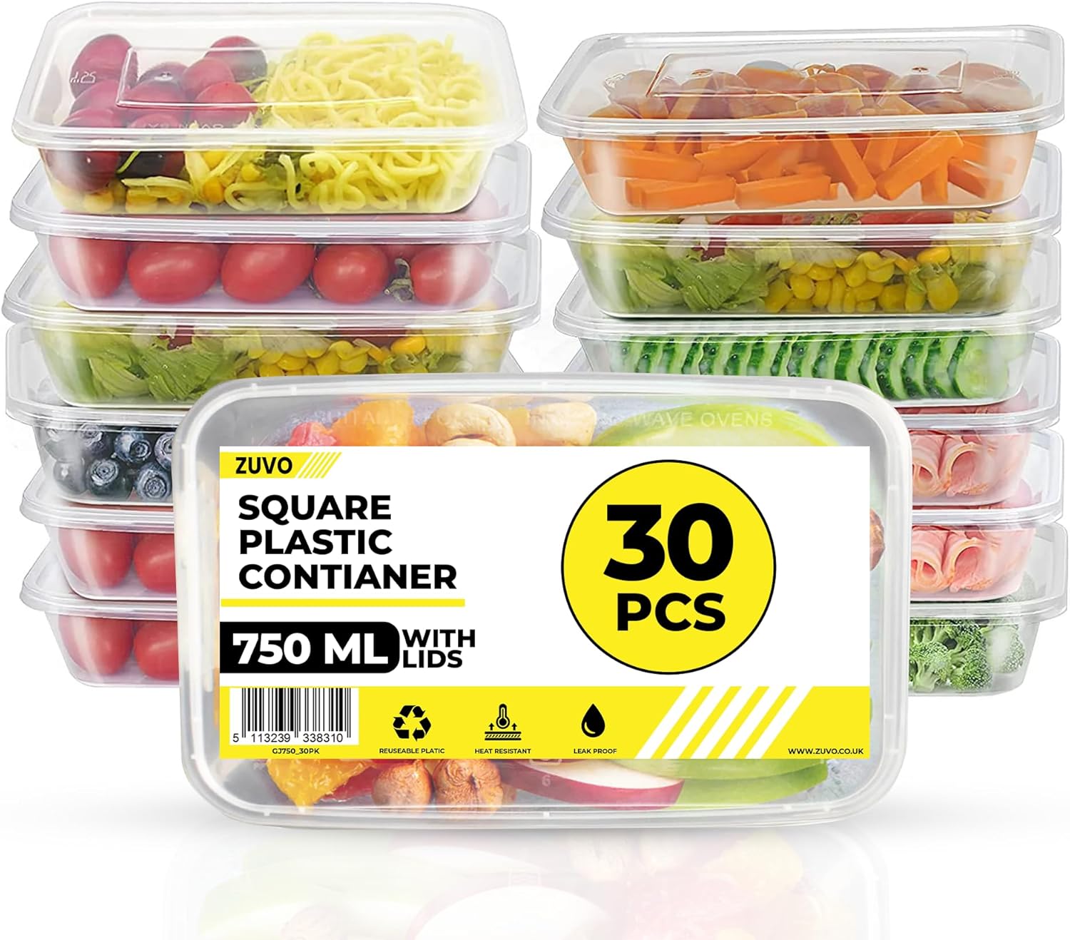 Zuvo Plastic Food Containers 30 Pack 750ml Microwave & Freezer Safe with Lids
