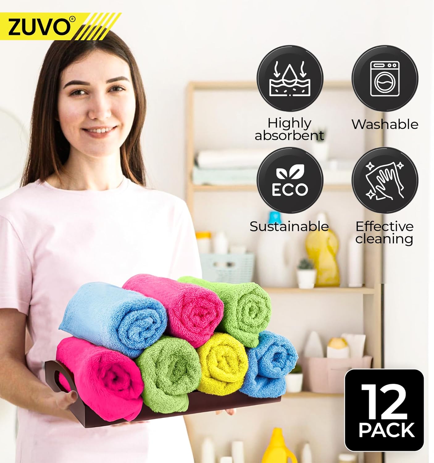 Zuvo Microfibre Cloths 12 Pack 32x32cm Lint Free Multi Colour Cleaning