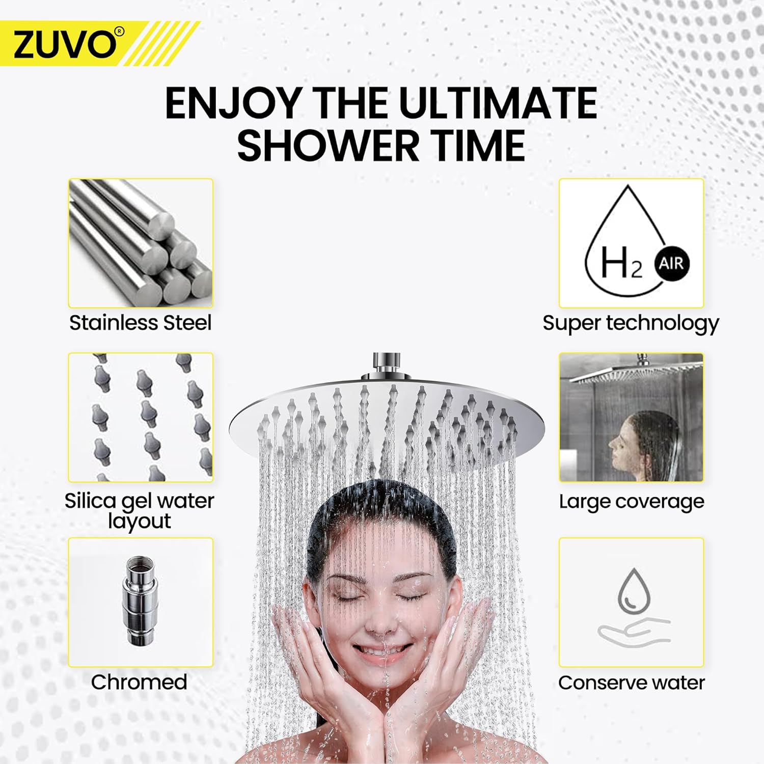 Zuvo 10 Inch Round Rainfall Shower Head 304 Stainless Steel High Pressure