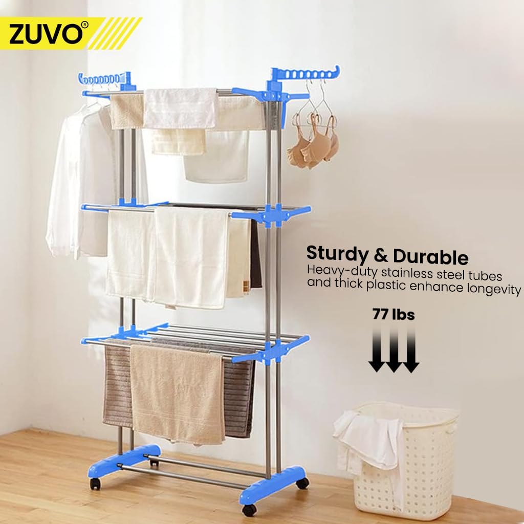 Zuvo 4 Tier Blue Foldable Airer Heavy Duty Stainless Steel Drying Rack