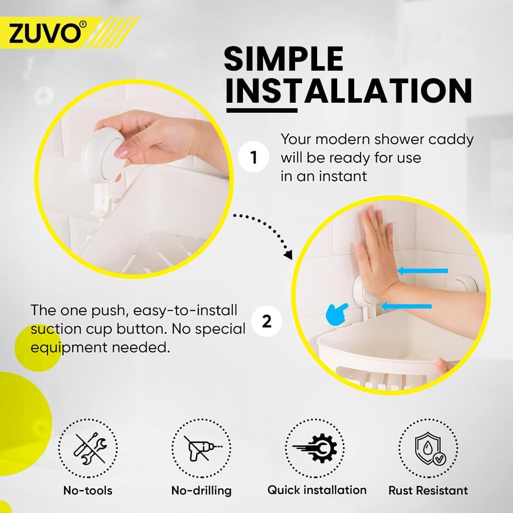 Zuvo No-Drill Shower Caddy – Suction Cup Bathroom Shelf, White