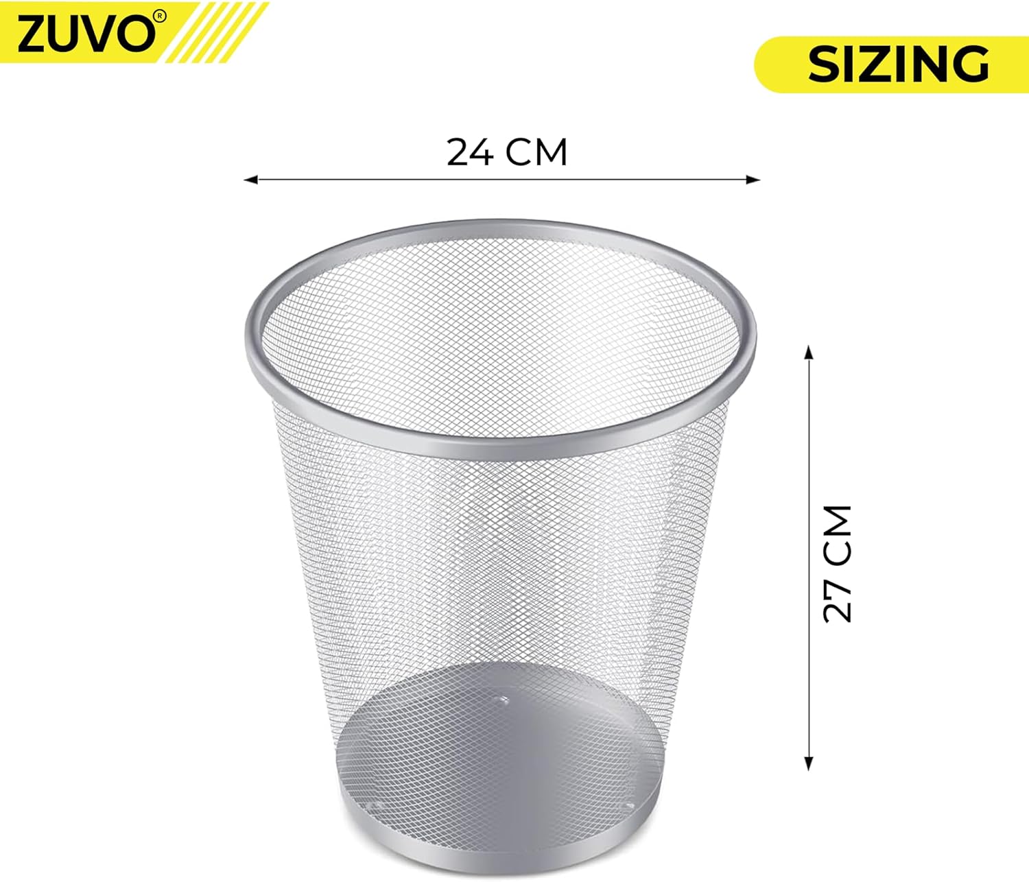 Zuvo Circular Mesh Waste Paper Bin 27x24cm, Silver Metal