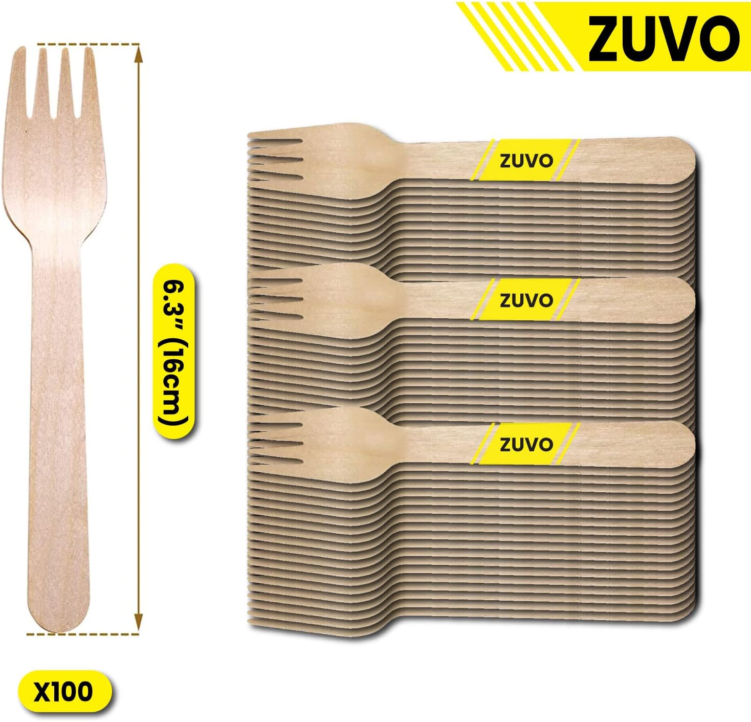 Zuvo Disposable Wooden Forks 100-Pack Eco-Friendly Birch