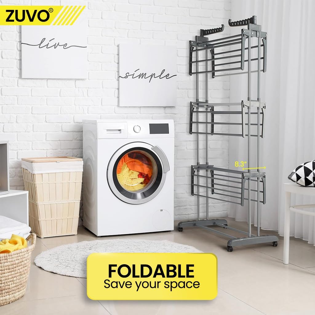 Zuvo 4 Tier Grey Foldable Airer Heavy Duty Stainless Steel Drying Rack