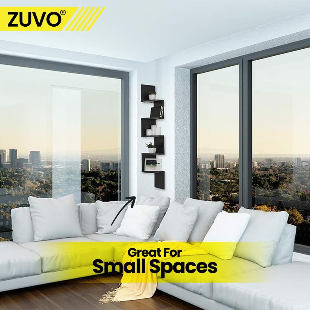 Zuvo Floating Corner Shelves 5 Tier Black Zigzag Wall Mounted Bookshelf